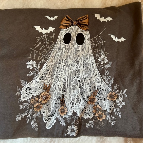 Gildan Tops - Ghost Graphic Tee with Lace and Floral Accents